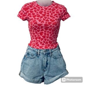 Wild Fable Blue Mom Shorts Size 0/24” Waist Ribbed Pink Heart Crop Top Bundle XS